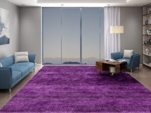 Vibrant purple custom rug in modern living room with large windows and minimalist decor, ideal for enhancing home interior with stylish custom rugs.